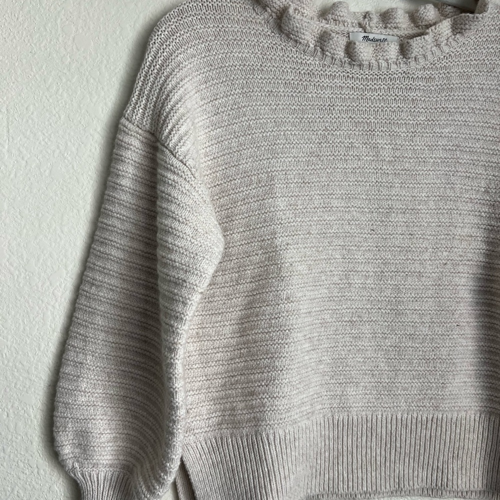 Madewell Ribbed Knit Ruffle Collar Sweater Neutral Cozy Gray - Picture 2 of 4